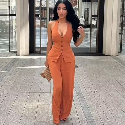 Classic Style Cotton And Linen Halterneck Vest Suit Women's Summer High-grade Trousers