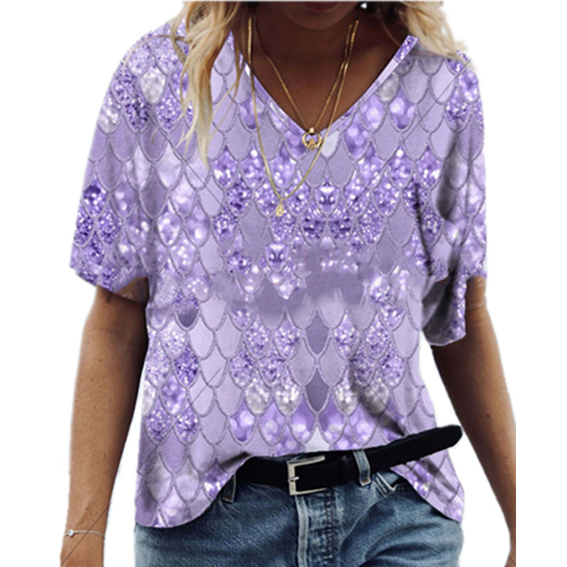 3D Printed Loose V Neck Short Sleeve T Shirt Top