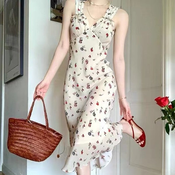 Super Xiangang Style Pure Desire Fragmented Flower Strap Dress