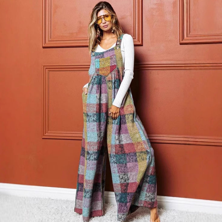 Women's Multi-color Plush Plaid Wide-leg Overalls