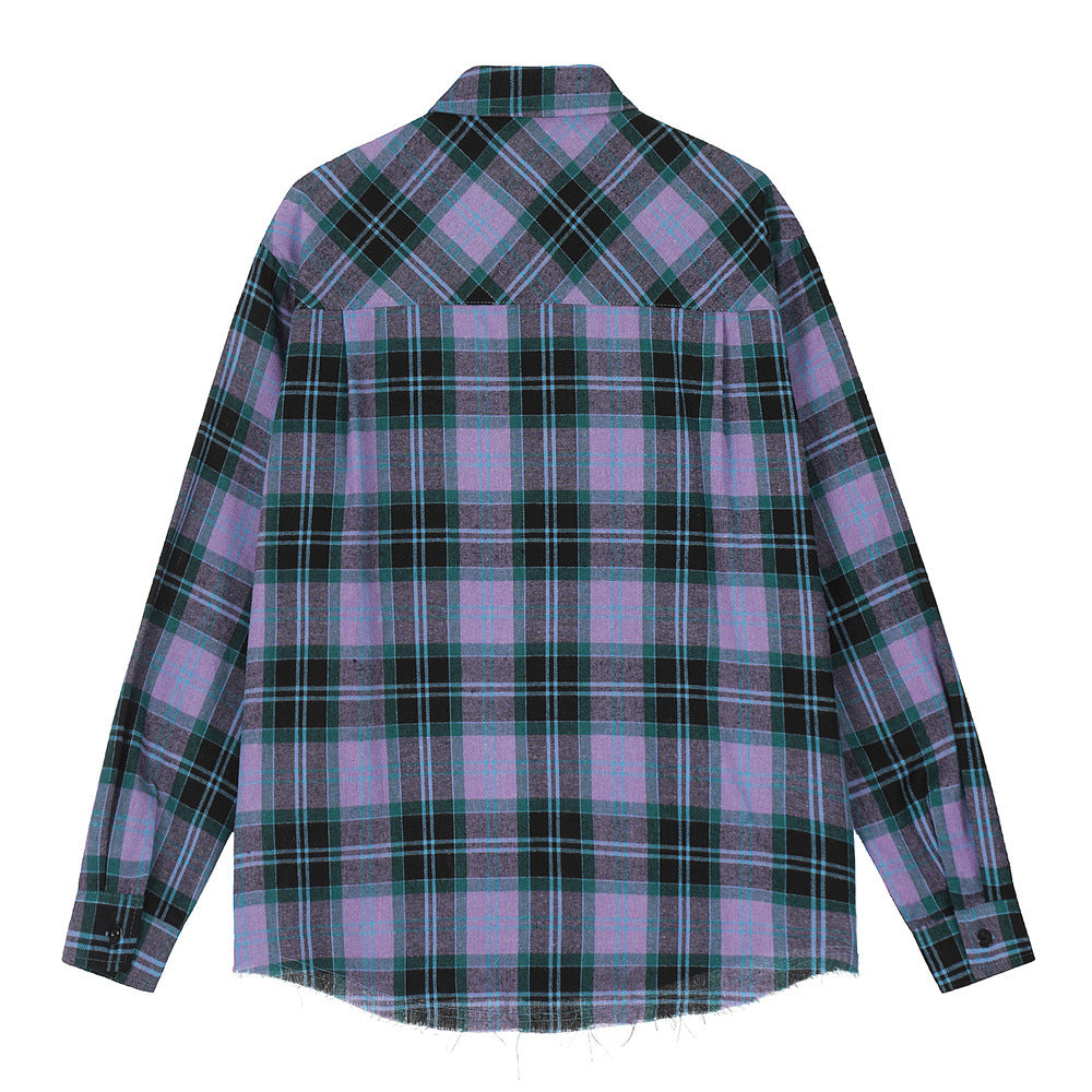 Plaid Long Sleeve Shirt Men's Letter Printed Cardigan
