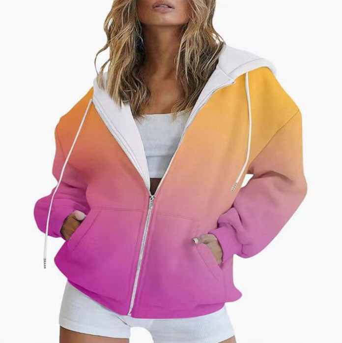 Gradient 3D Digitalprint Casual Langærmet Lynlås Hættetrøje Sweater Til Kvinder