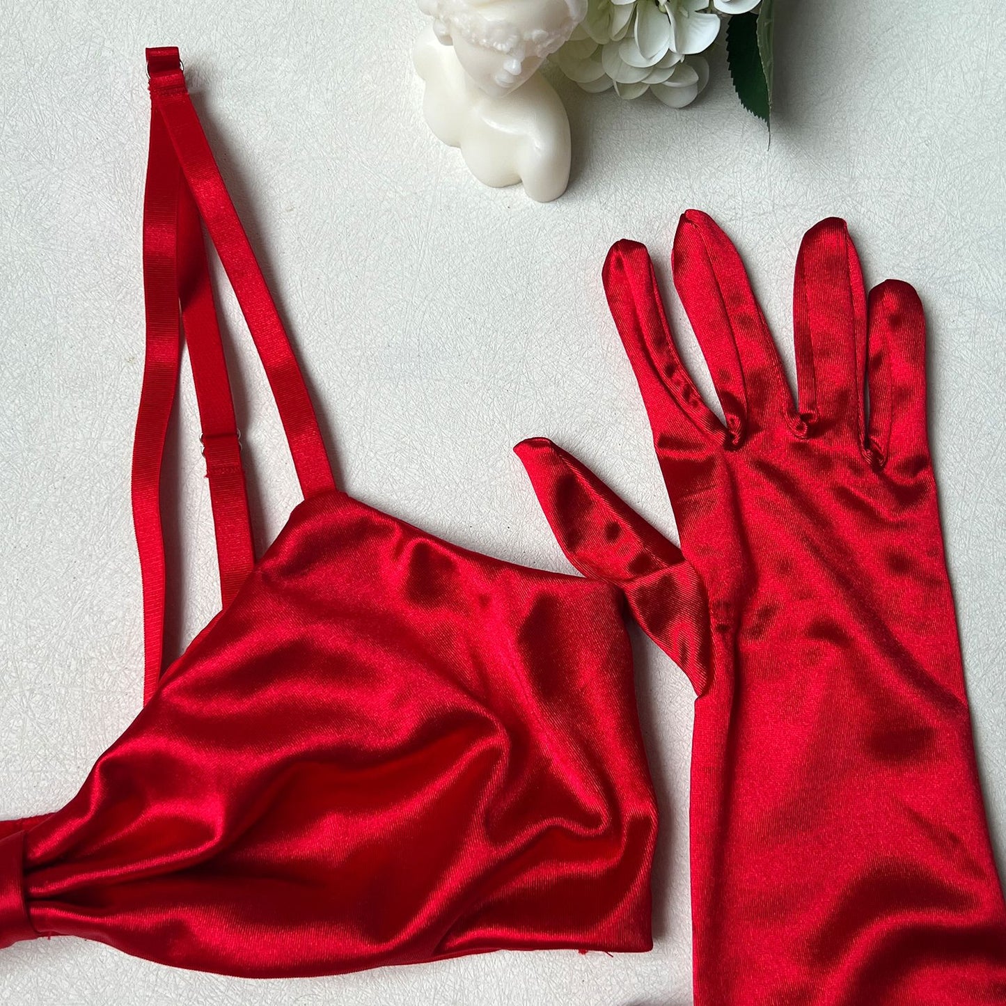 Silk Christmas & Valentines Day Lingerie 3-Piece Set Includes Gloves