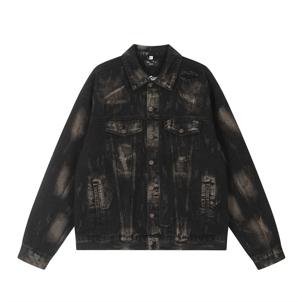 Waste Soil Wind Spray Painting Ripped Distressed Denim Clothes Jacket