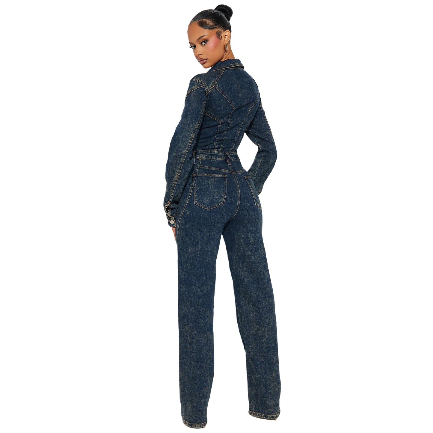 Washed Long-sleeve Patchwork Denim Jumpsuit
