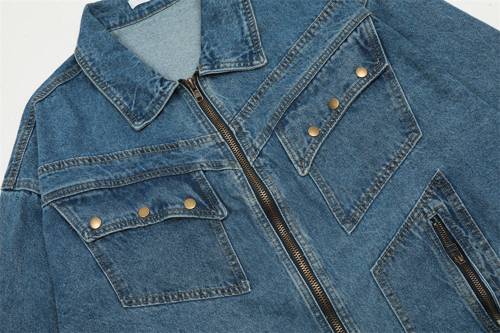 Punk Old Wash Denim Coat For Men And Women