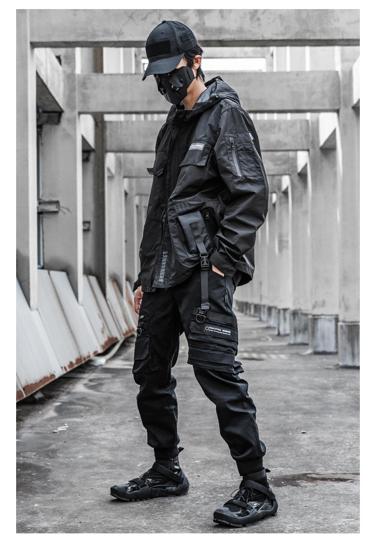 Men's Functional Loose Jacket Dark Hooded Windproof Stitching Reflective