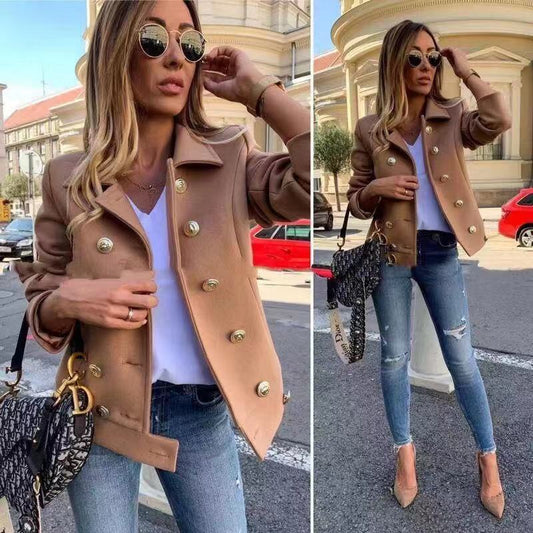 Cappotto di lana a doppio petto con colletto da completo, maniche lunghe, aderente per autunno e inverno