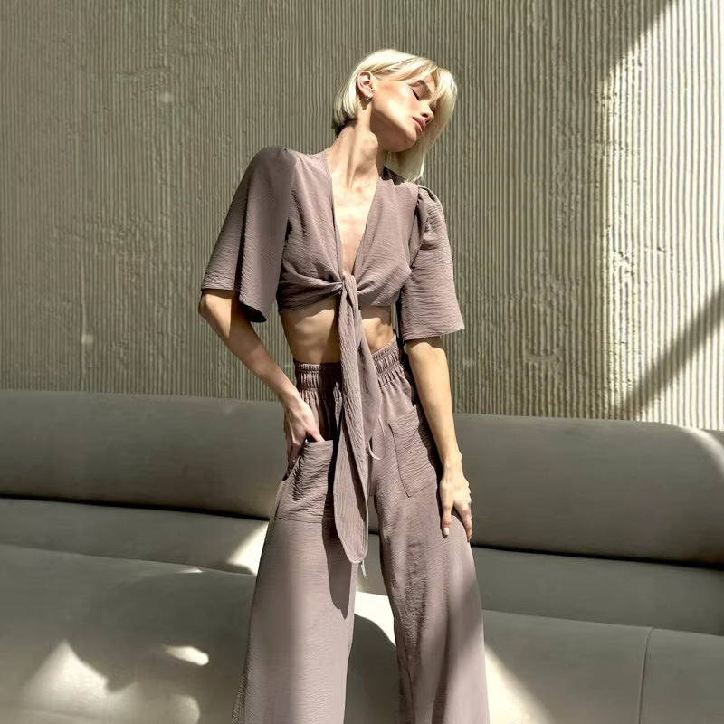 Fashionable Strappy Deep-V Top And Wide-Leg Pants Two-Piece Set