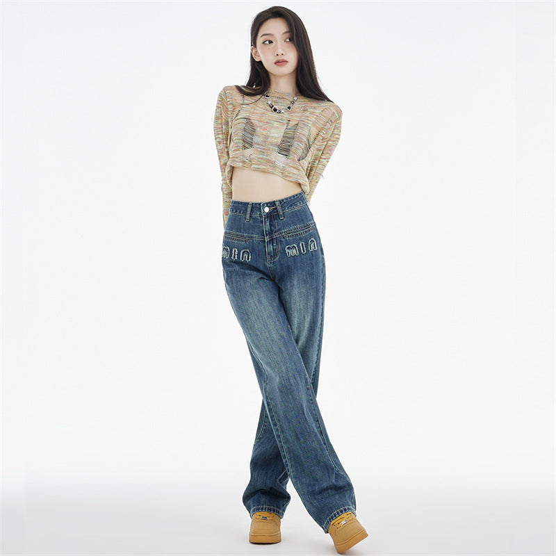 Dame Straight Jeans Mørkeblå Broderede Bogstaver