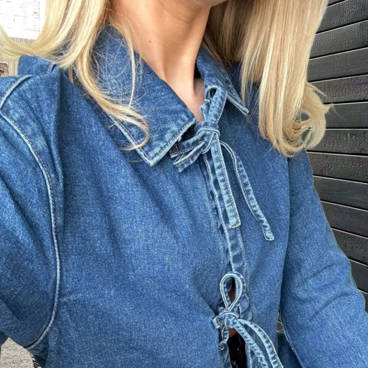 Denim Long Pocket Stand Collar Top