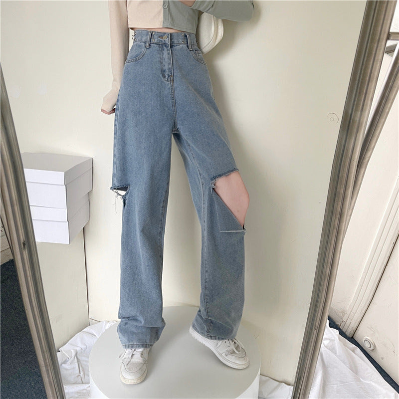 Ripped Jeans med Lige Pasform, Høj Talje og Løs Pasform, Flatterende