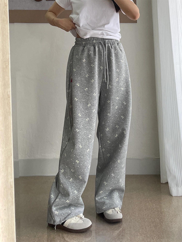 Vintage Bow Polka Dot Track Sweatpants Women's Straight Wide Leg Casual Pants