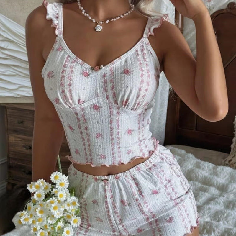 Ribbed Fabric Ruffled Trim V-neck Slip Nightwear Two-piece Set