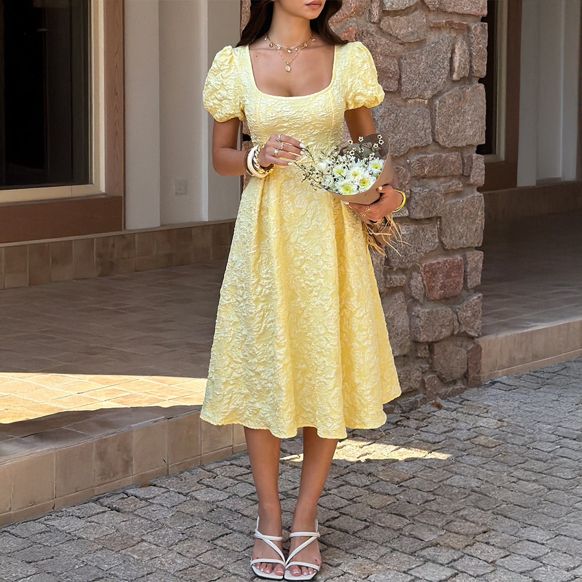 Elegant High-waisted A-line Dress With Puff Sleeves That Create A Slimming Elongating Look