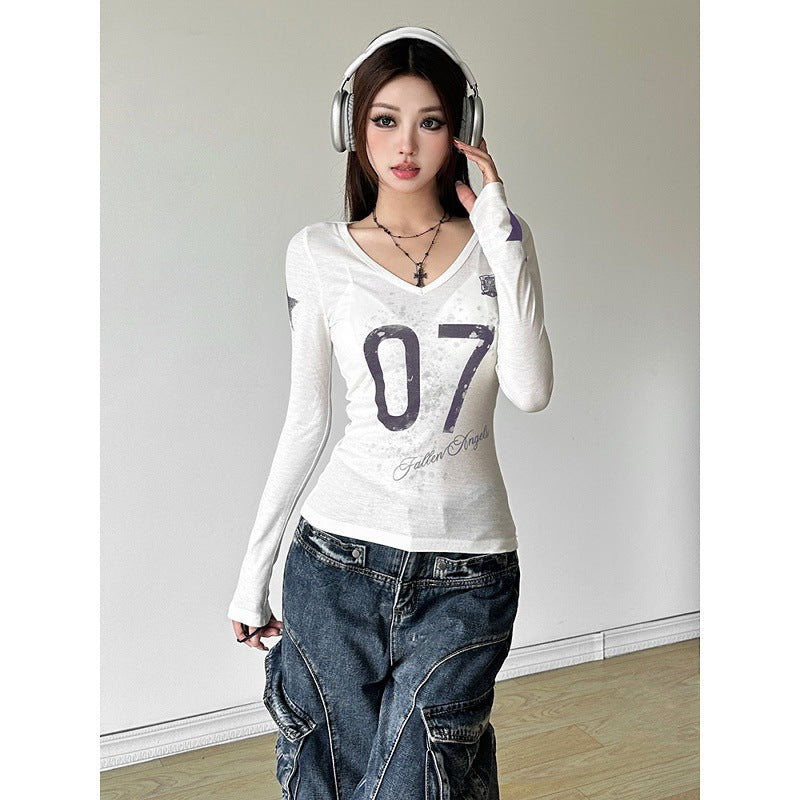 Girl-group-style Color-block Letter-print V-neck Long-sleeve T-shirt