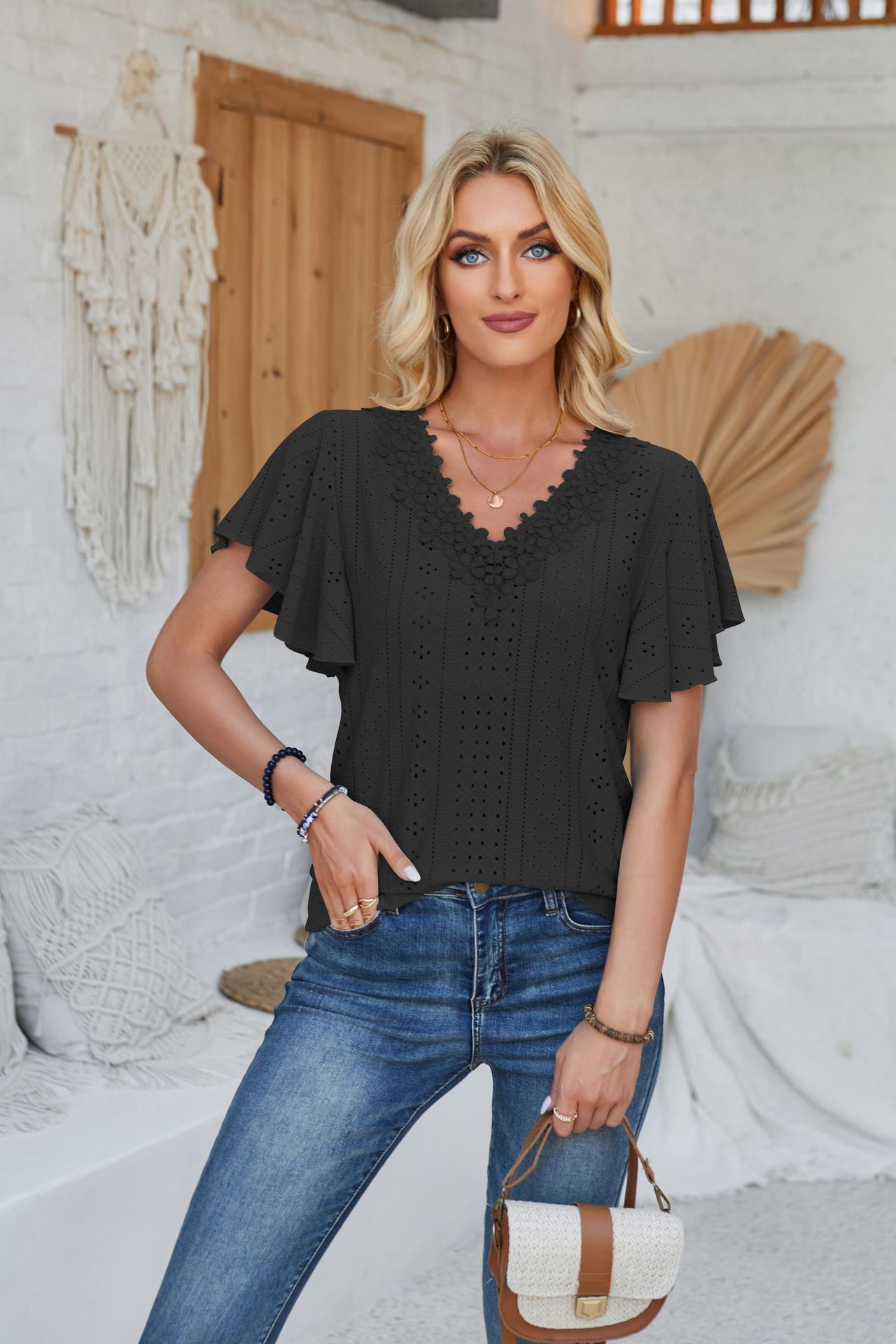 Women's Spring And Summer Lace Ruffle Sleeve Solid Color Loose Short Sleeve