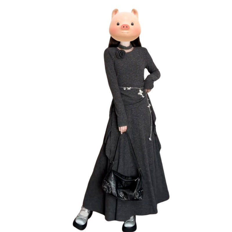 Lady's Fashion High-end Neck-hanging Knit Long Dress Set