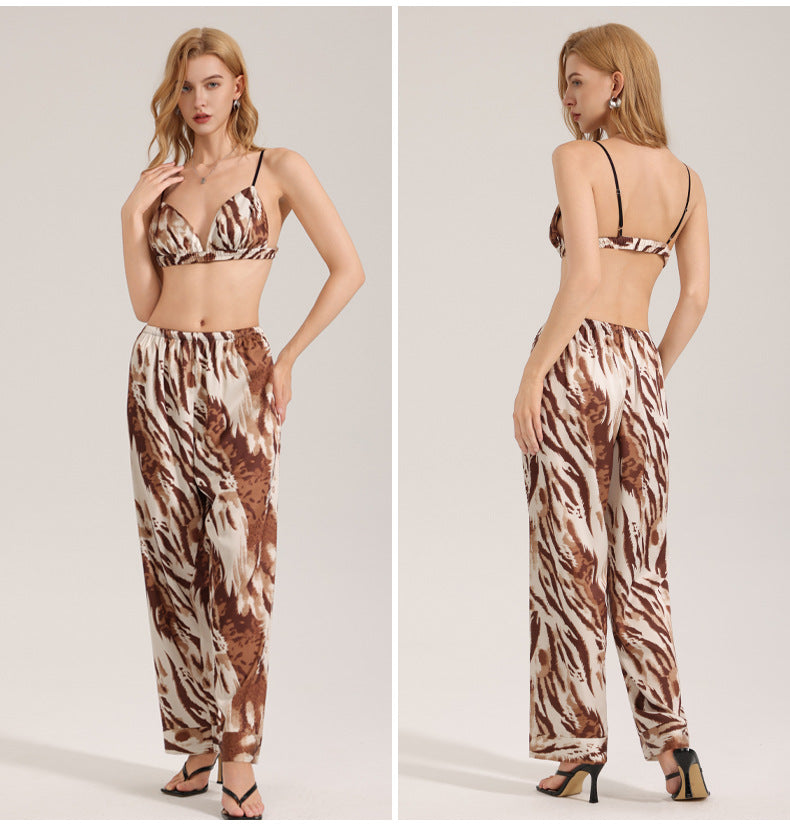Zebra-Print Satin Chiffon Pajamas For Women Summer Cami Top And Pants Casual Loungewear Set