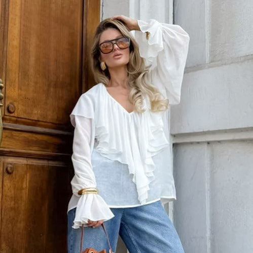 Womens Versatile White Chiffon Blouse With Long Sleeves