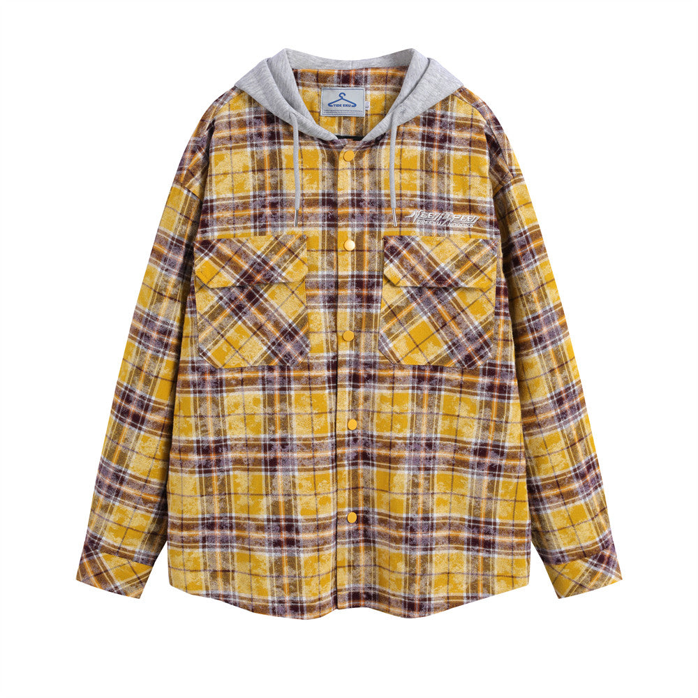 Spring And Autumn Plaid Colorblock Hooded Shirt Coat