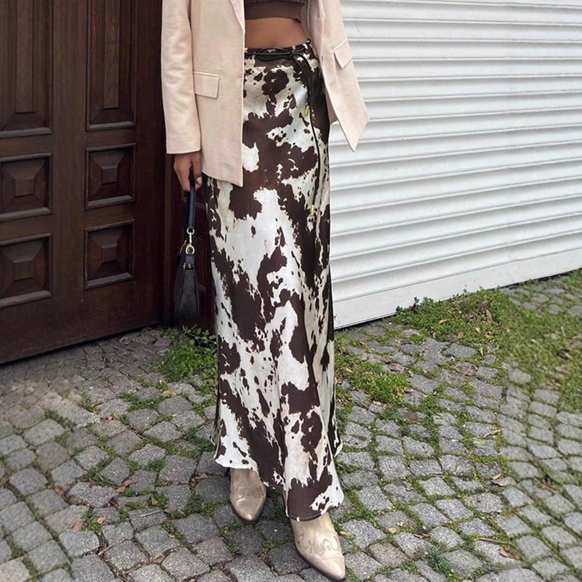 Satin-print Skirt Slimming Faux-silk Maxi Skirt For Fall And Winter