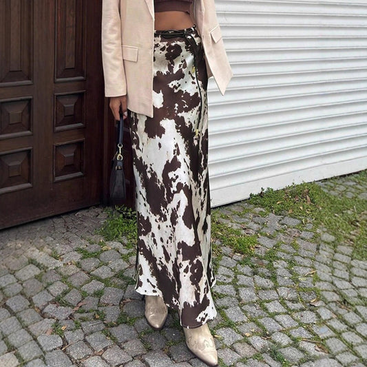 Satin-print Skirt Slimming Faux-silk Maxi Skirt For Fall And Winter