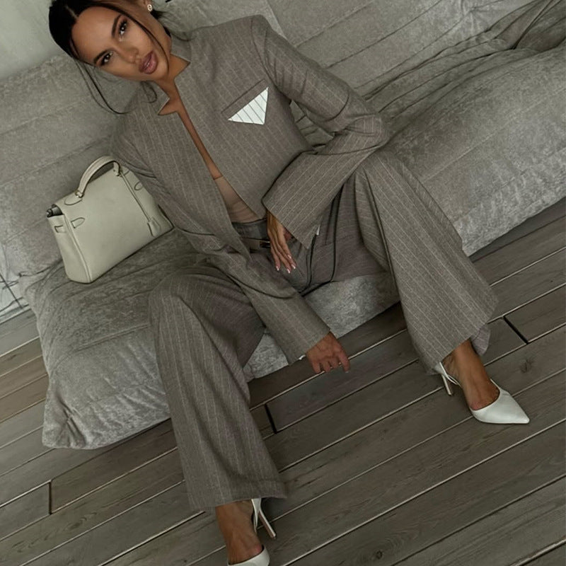 Chic And Stylish Striped Blazer And Suit Pants Casual Set