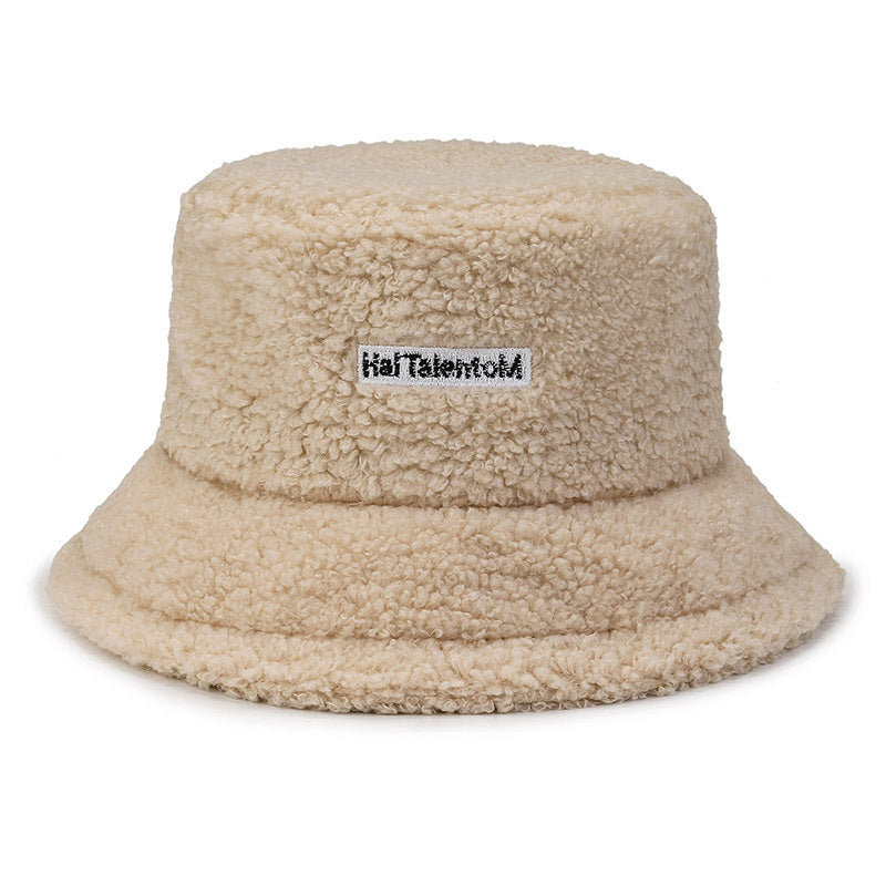 Internet Celebrity Same Style Lamb Wool Bucket Hat Female Korean Style Letter Embroidery Simple All-match