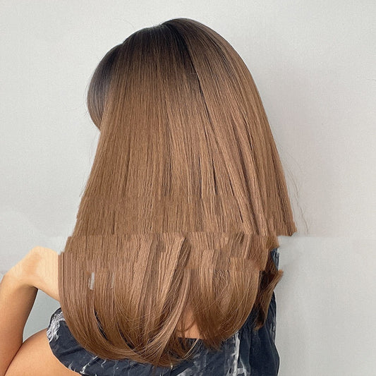18inch Full Bangs With Black Gradient Brown Long Straight Hair On Top