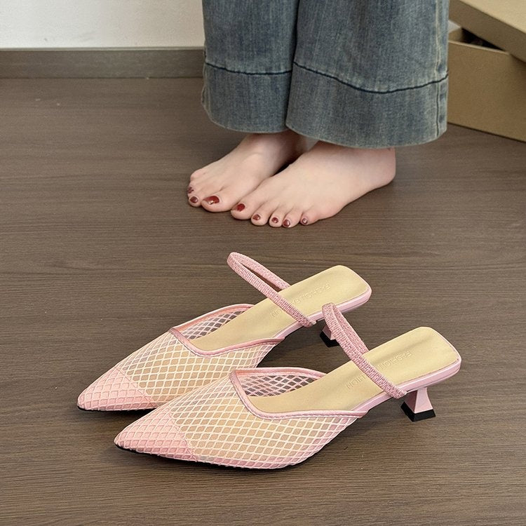 Women's Pink Mesh Pointed Toe Kitten Heel Mules, Breathable One Strap Closed Toe Slides, Fashion Low Heel Sandals For Office Daily Wear