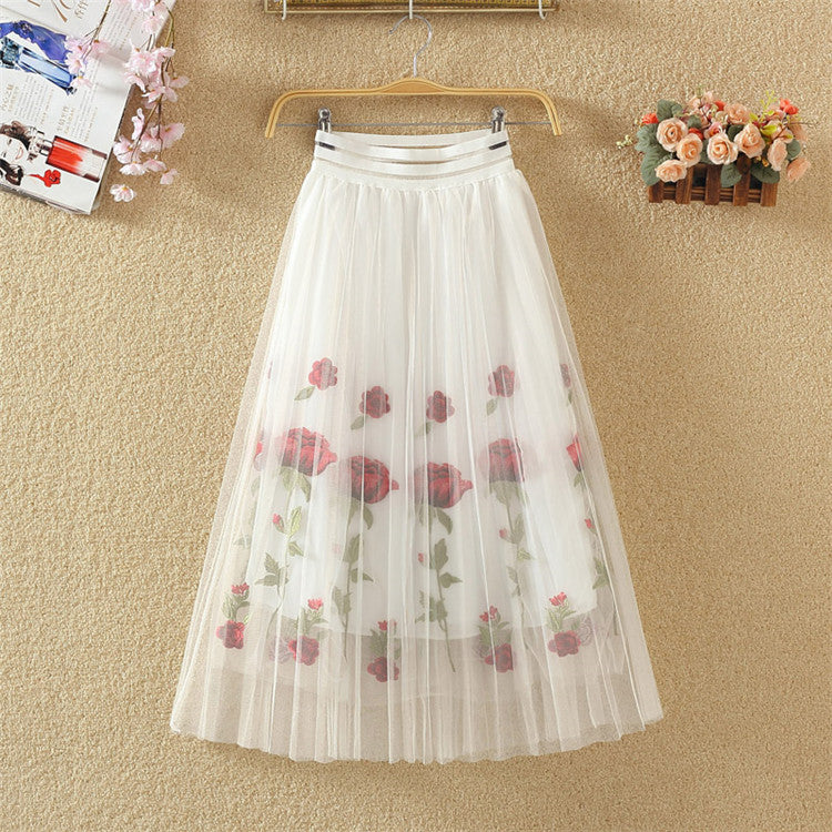 Embroidered Floral Pleated Mesh Skirt Mid Length
