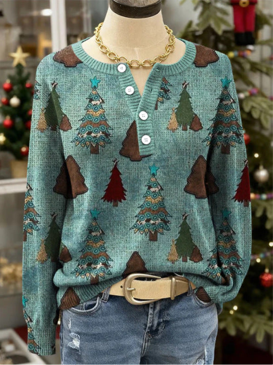Womens Retro Printed Four-Button Stand-Up Collar Sweatshirt