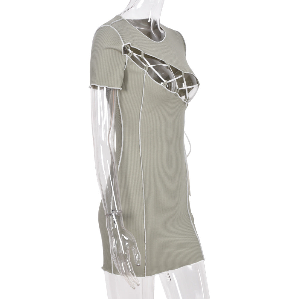 Strappy Cutout Sexy Crew Neck Short Sleeve Pullover Ruffle Hem Bodycon Dress