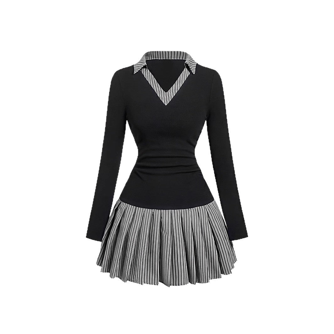 Kjole i koreansk preppy stribet patchwork to-delt look