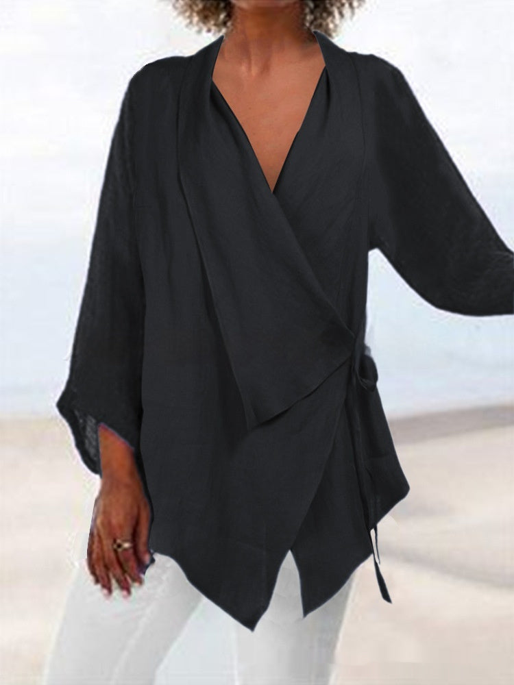 Pure Color Tied Irregular Hem Cotton Linen Women's Casual Top