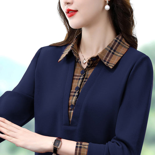 Autumn Fashion Patchwork Plaid Layered Slim-fit Top New Versatile Simple Fake Two-piece Stylish Long Sleeve