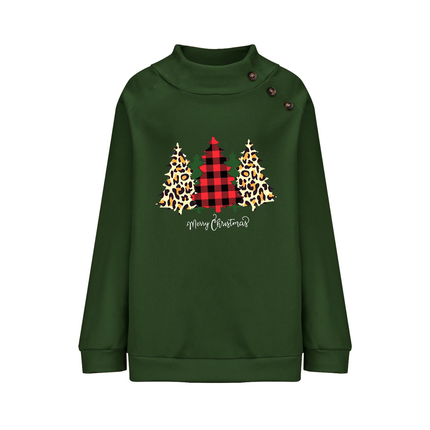 High Round Neck Button Christmas Loose Long Sleeve Sweatershirt Women