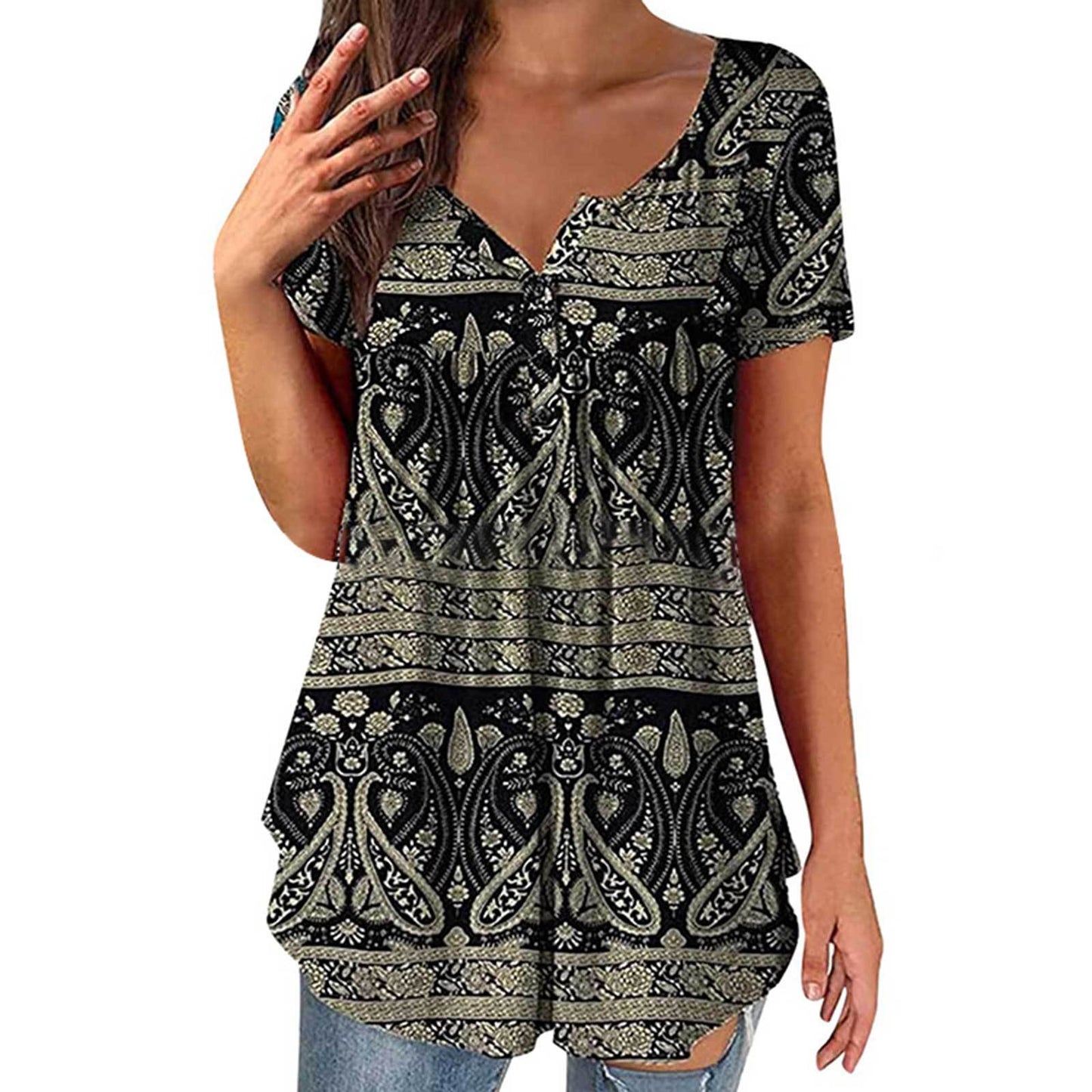 Women's Clothing Summer Fashion New Tops Digital Printing Casual Trend Short Sleeve Henley Shirt
