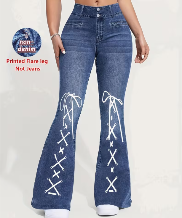 Women's Imitation Denim Print Flare Pants Fake Bow