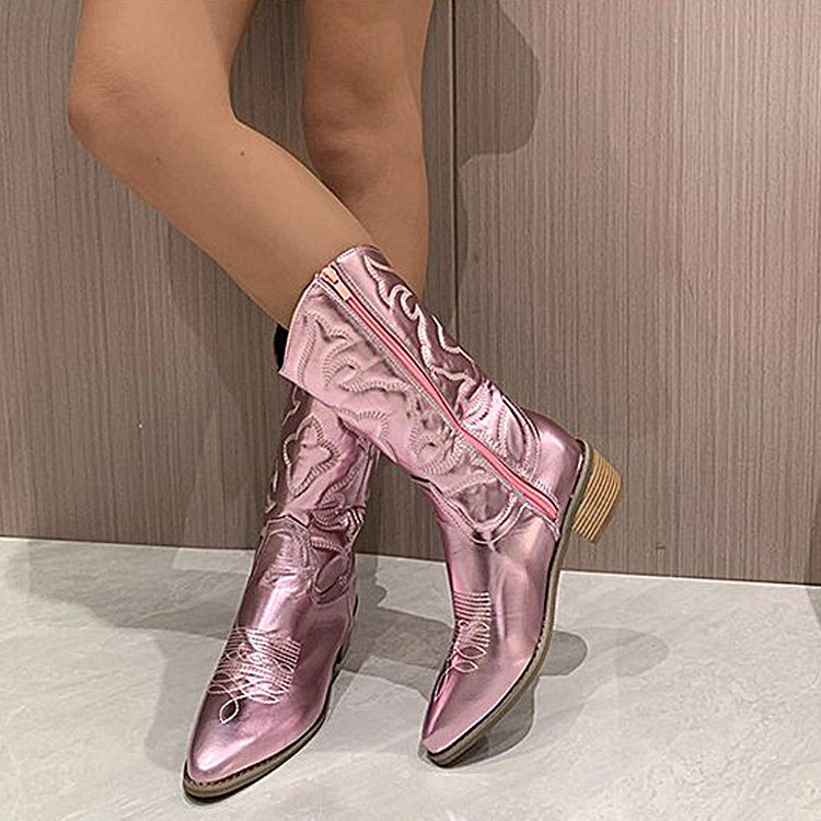 Embroidered Women's Mid-calf Fluorescent Pointed Martin Boots Chunky Heel Plus Size Boots