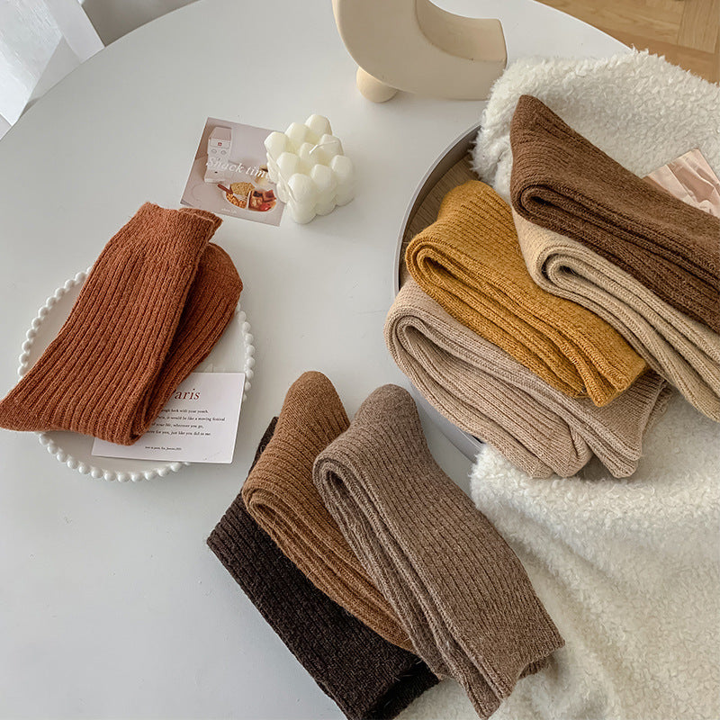 Solid-color Vertical-striped Wool Womens Socks For Fall And Winter