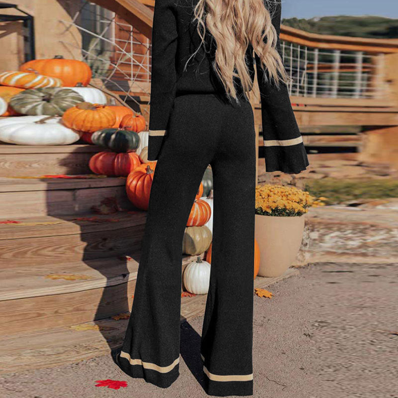 New European And American Autumn And Winter Leisure Contrast Color Two-piece Set For Women