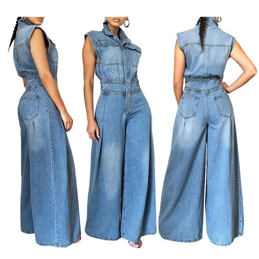 Afslappet ærmeløs vasket denim-heldragt med vide ben til kvinder