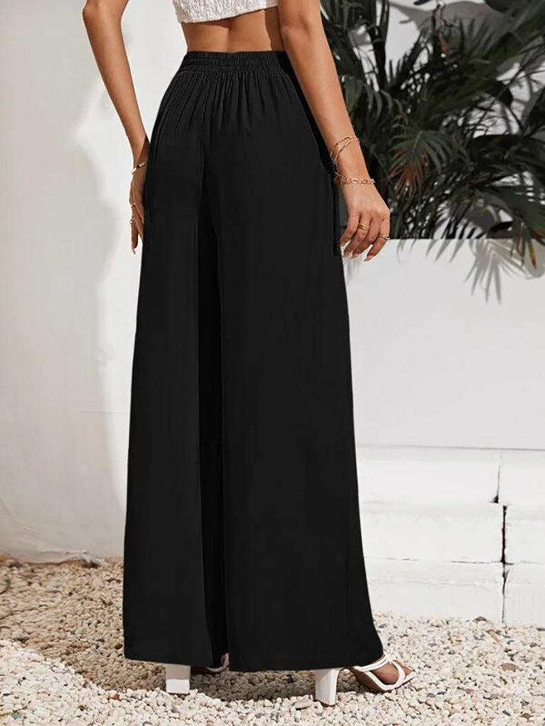 European And American Summer Pure Color Elastic Waist Lace-up Loose Wide-leg Pants
