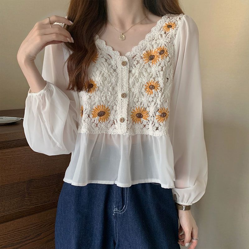 Early Autumn National Style Top Hollow Design Sunflower Embroidery Slightly Breathable Western Style Small Shirt Outer Wear