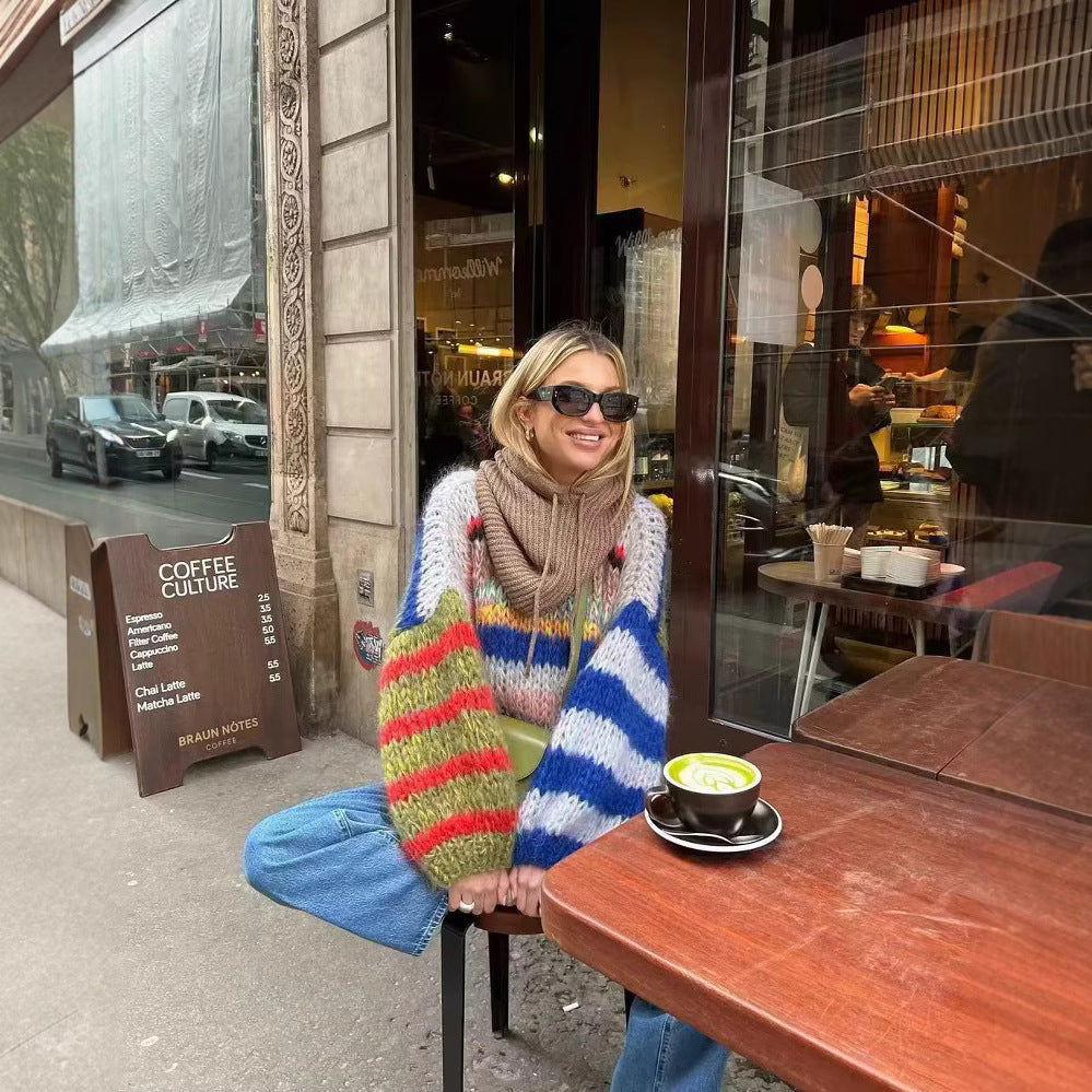 Women's Round Neck Rainbow Striped Sweater