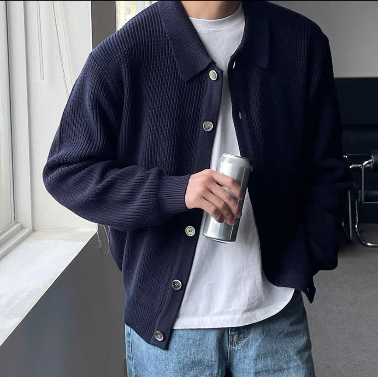 Men's Sweater Coat Solid Color Loose Handsome Lazy Style Knitted Cardigan Casual Neutral Style
