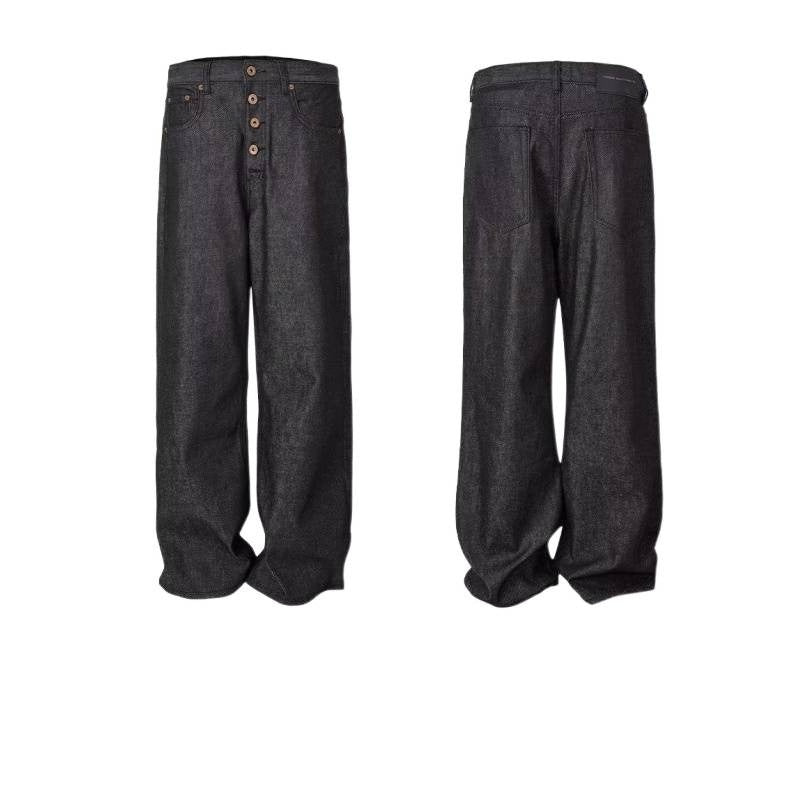 American-style Button-fly Black Raw Denim Bootcut Jeans