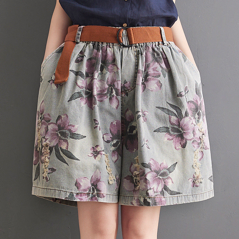 New Fat Sister Print Thin Wide Leg Shorts Women